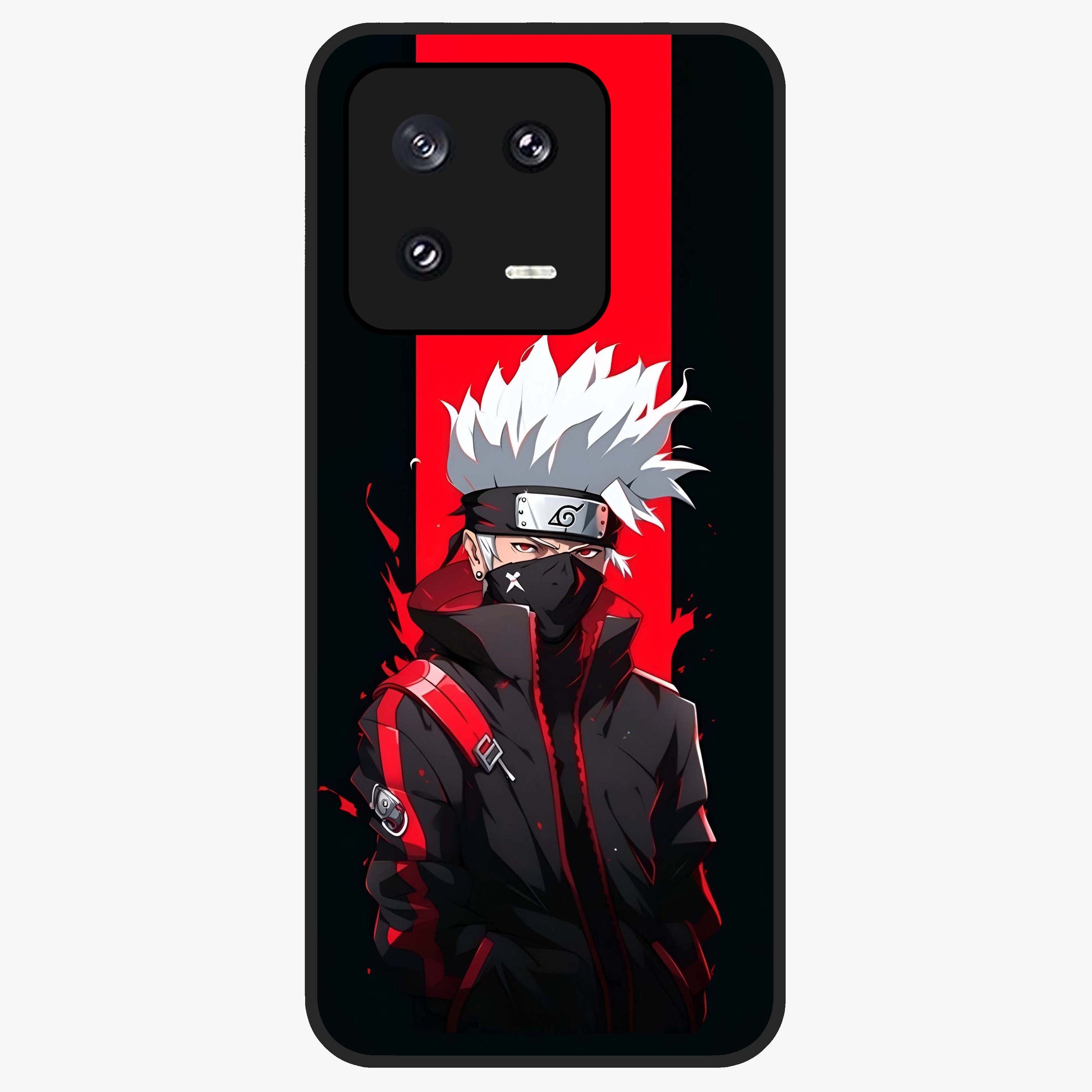 Kakashi Scarlet Shadow Glass Case showing flat back view with powerful anime ninja artwork and glossy glass finish.