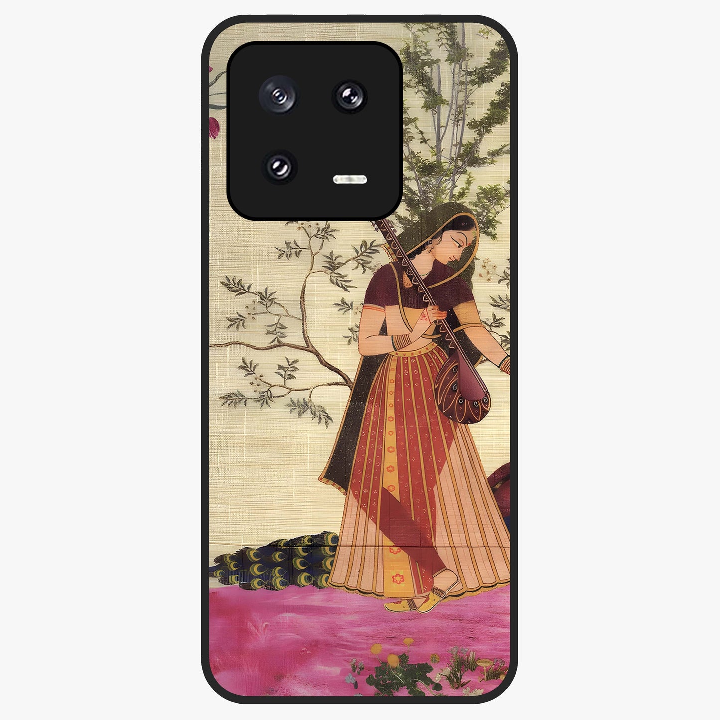 Lady With Veena Art Glass Case showing flat back view with elegant woman playing veena artwork and glossy glass finish.