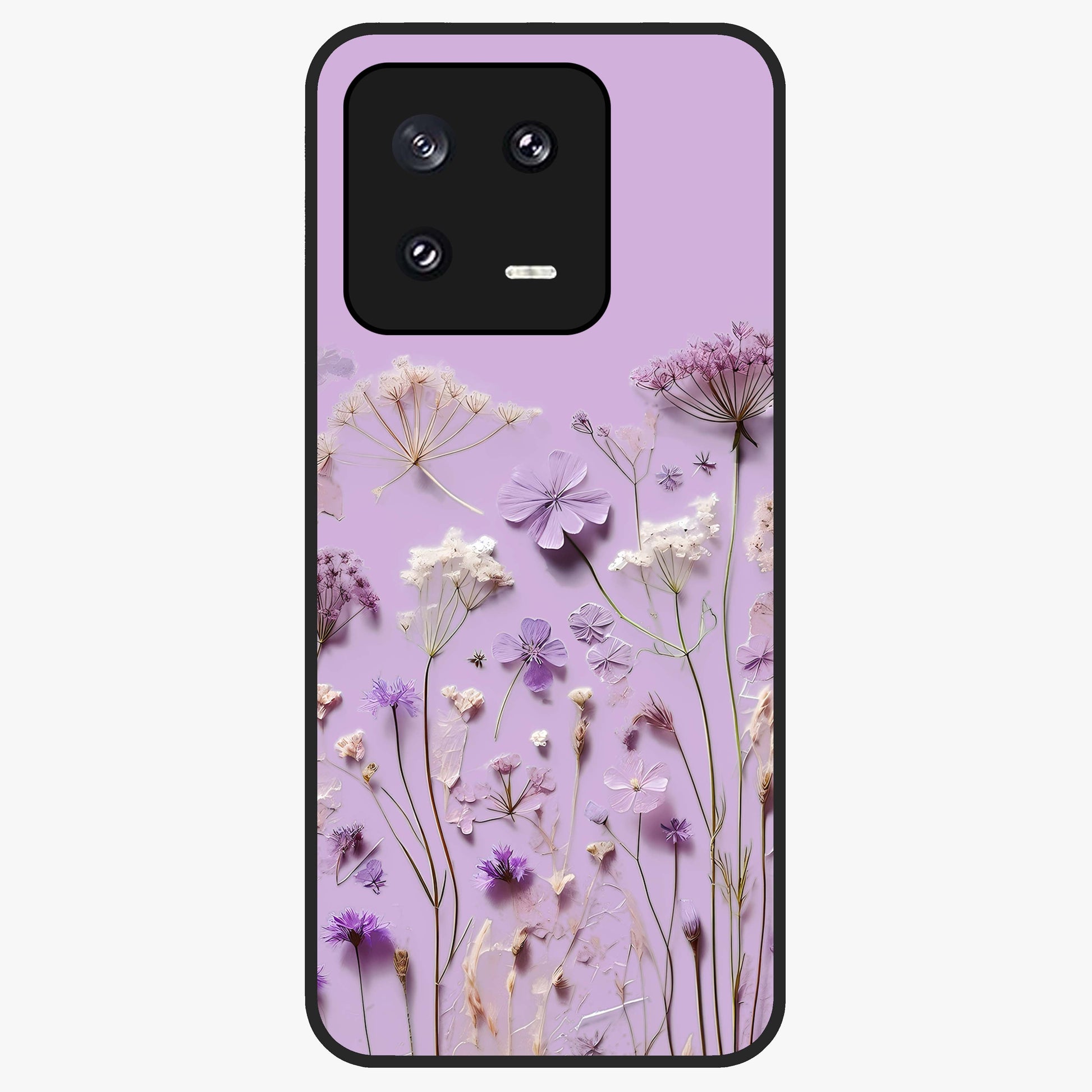 Lavender Blossom Dream Glass Case showing flat back view with soft lavender floral artwork and glossy glass finish.