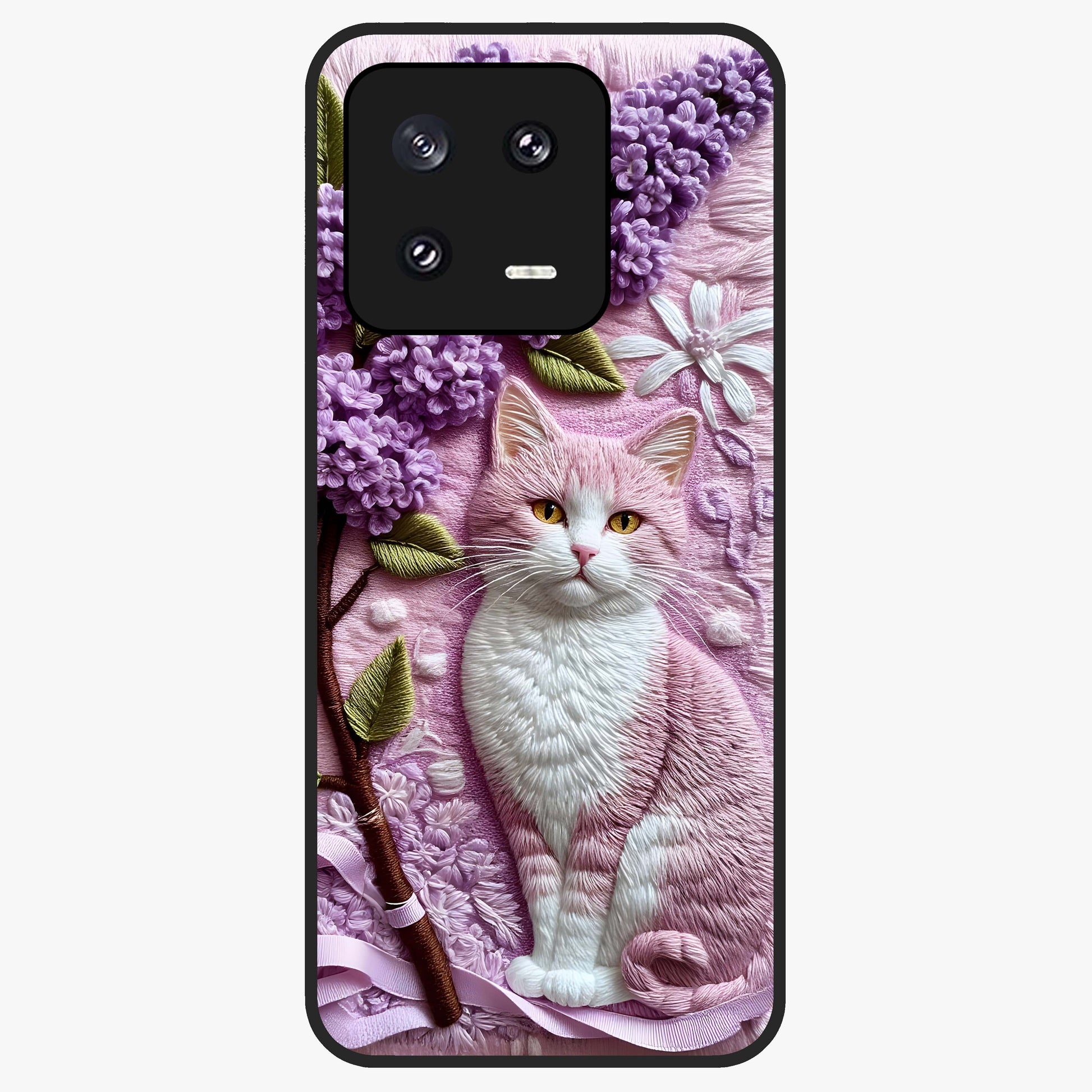 Lavender Cat Whimsy Glass Case showing flat back view with cute lavender cat artwork and glossy glass finish.
