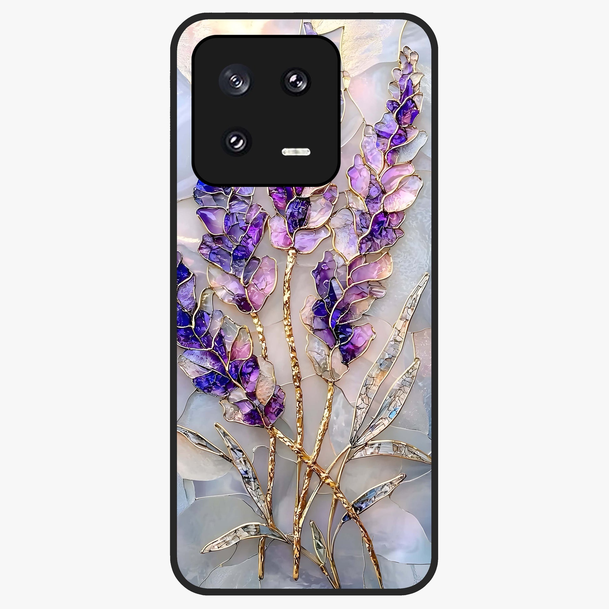 Lavender Dream Glow Glass Case showing flat back view with glowing lavender aesthetic artwork and glossy glass finish.