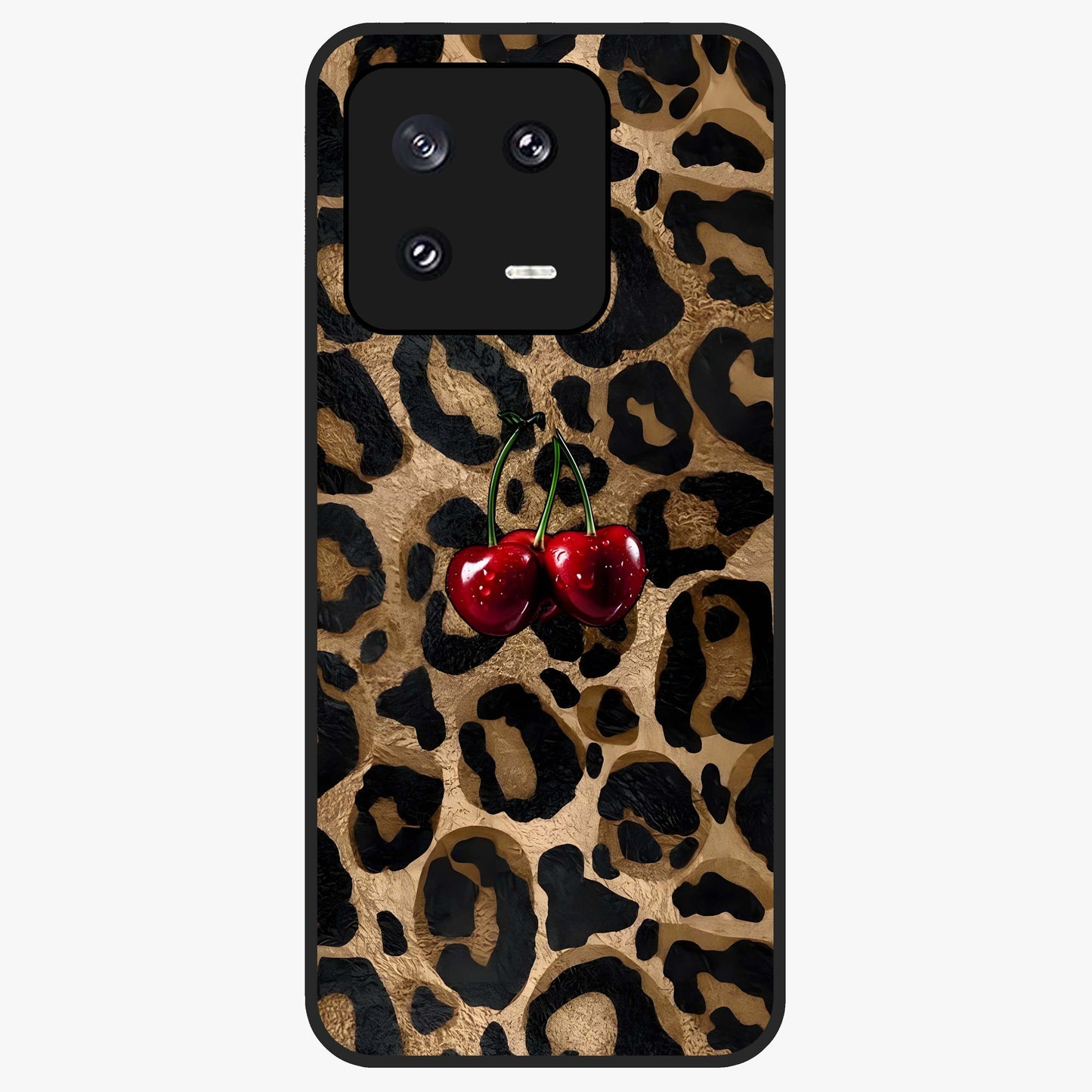 Leopard Wild Cherry Glass Case showing flat back view with leopard pattern and cherry artwork and glossy glass finish.