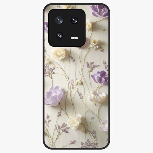 Lilac Breeze Harmony Glass Case showing flat back view with soft lilac themed artwork and glossy glass finish.