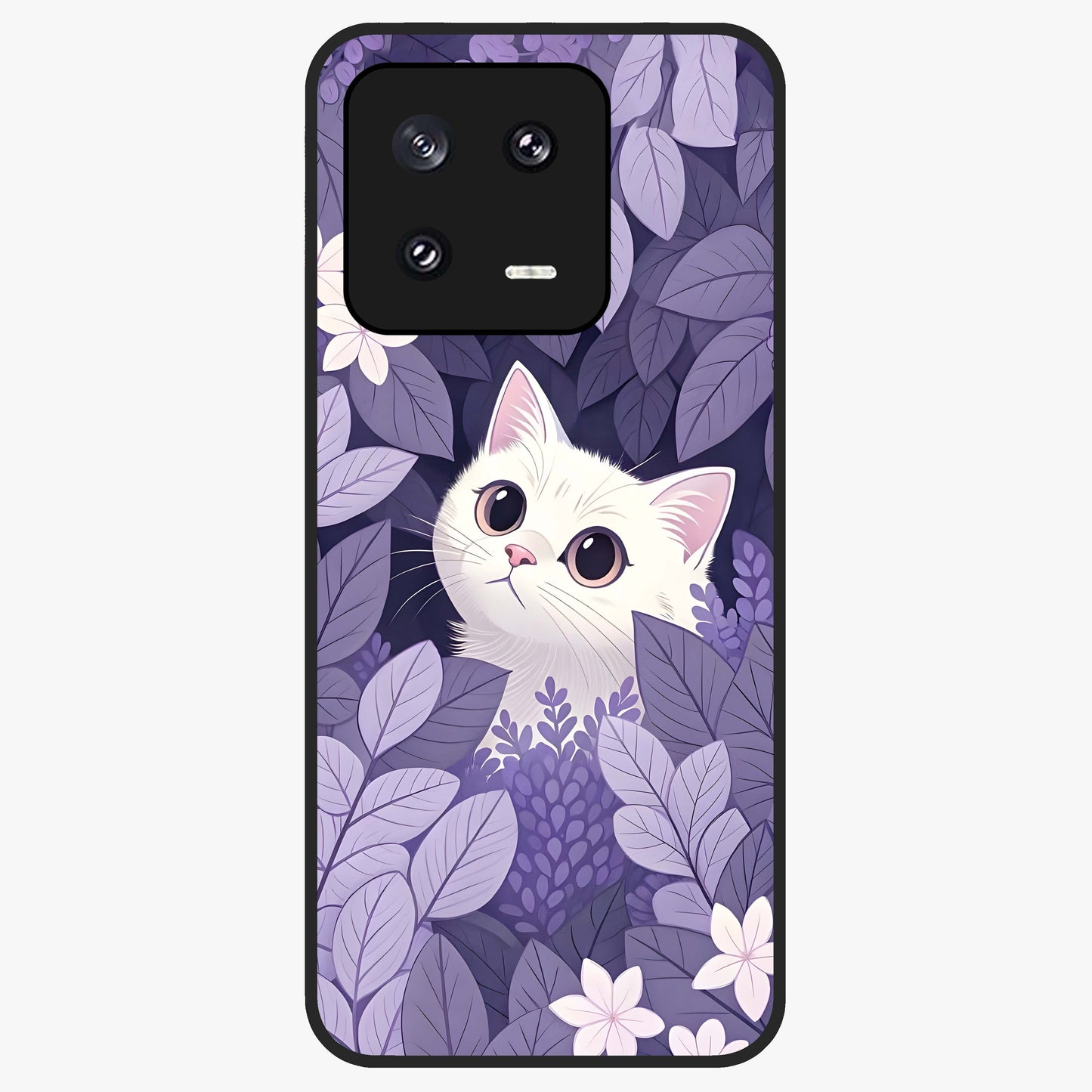 Lilac Hide Peek Cat Glass Case showing flat back view with cute peeking cat artwork and glossy glass finish.