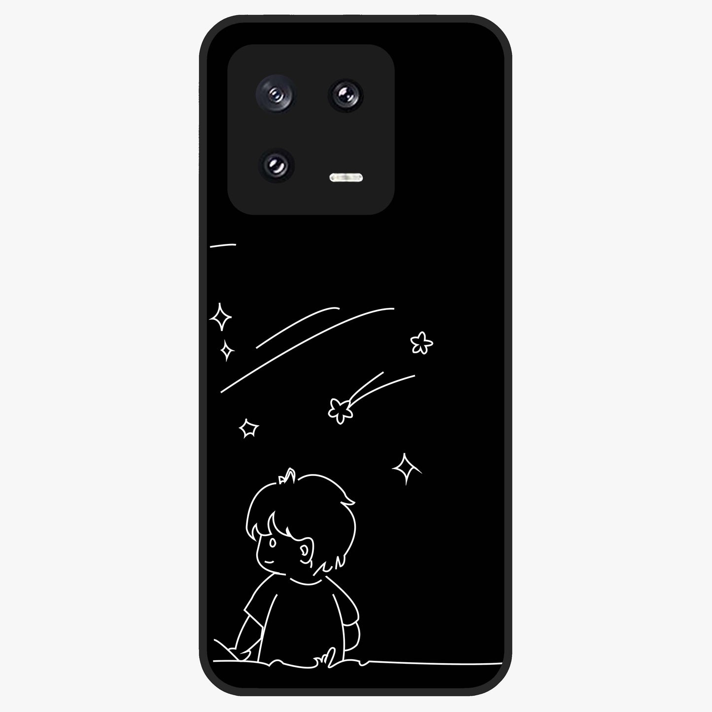 Line Art Boy With Shooting Stars Glass Case showing flat back view with minimal line art boy and shooting stars illustration and glossy glass finish.