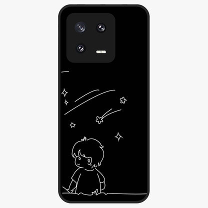 Line Art Boy With Shooting Stars Glass Case showing flat back view with minimal line art boy and shooting stars illustration and glossy glass finish.