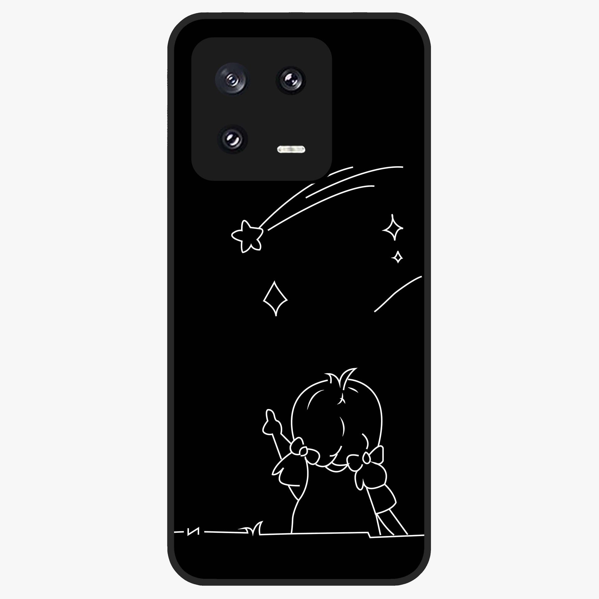 Line Art Girl With Shooting Stars Glass Case showing flat back view with minimal line art girl and shooting stars illustration and glossy glass finish.