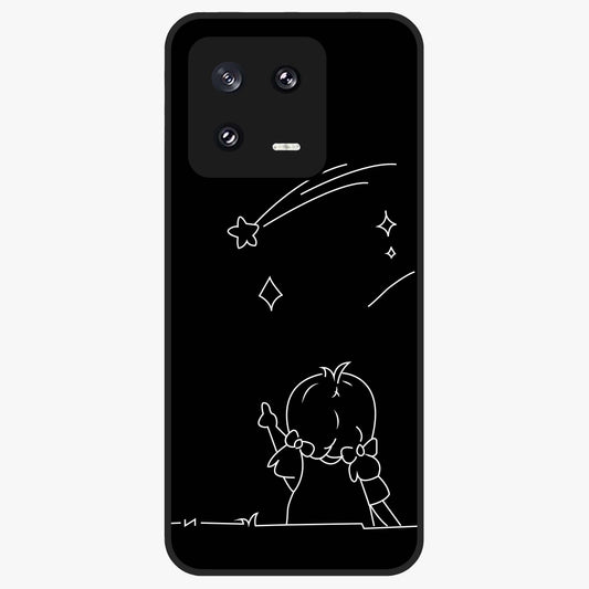 Line Art Girl With Shooting Stars Glass Case showing flat back view with minimal line art girl and shooting stars illustration and glossy glass finish.
