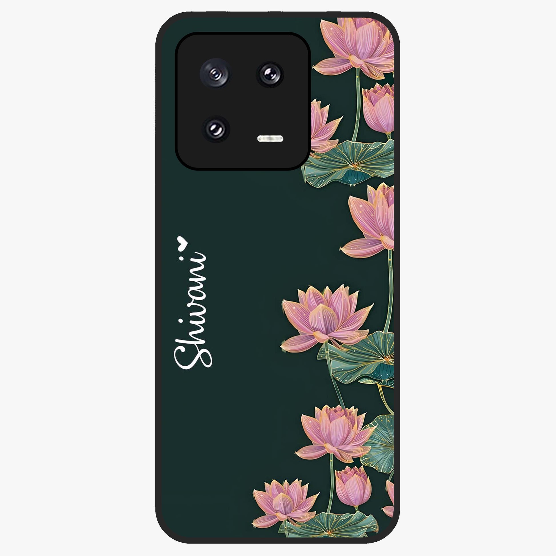 Lotus Bloom Serenity Custom Name Glass Case showing flat back view with elegant lotus flower artwork and personalized name design.