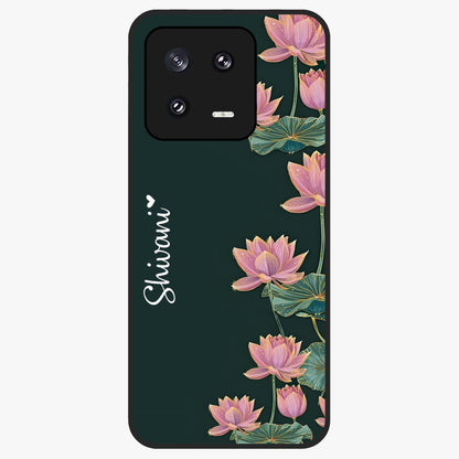 Lotus Bloom Serenity Custom Name Glass Case showing flat back view with elegant lotus flower artwork and personalized name design.