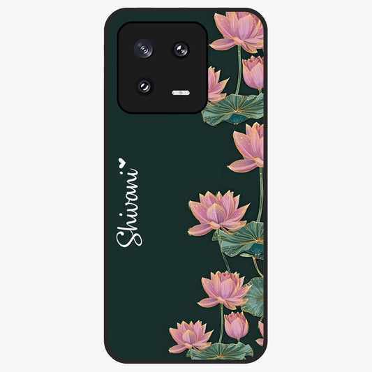 Lotus Bloom Serenity Custom Name Glass Case showing flat back view with elegant lotus flower artwork and personalized name design.