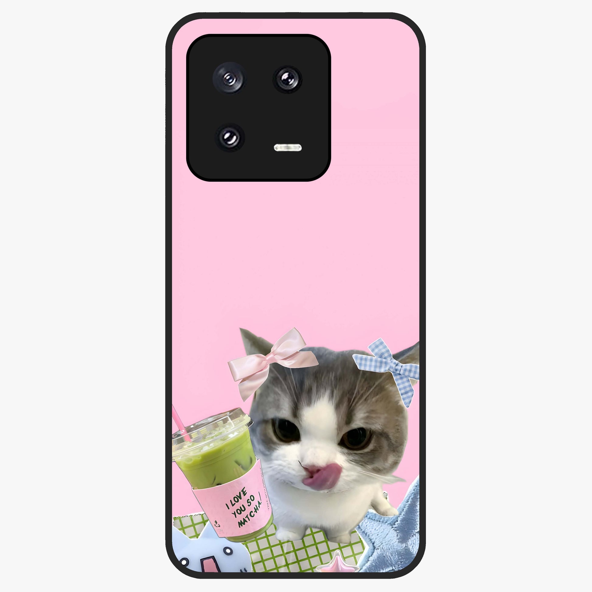 Love Matcha Cat Glass Case showing flat back view with cute cat and matcha themed artwork and glossy glass finish.
