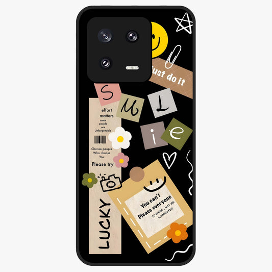 Lucky Aesthetic Collage Glass Case showing flat back view with trendy aesthetic collage artwork and glossy glass finish.