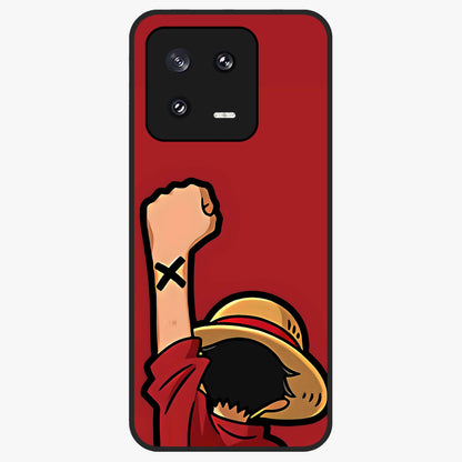 Luffy X Spirit Glass Case showing flat back view with bold anime character artwork and glossy glass finish.