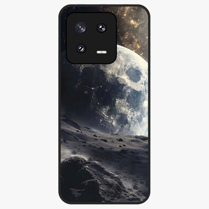 Lunar Horizon Glow Glass Case showing flat back view with glowing moon horizon artwork and glossy glass finish.