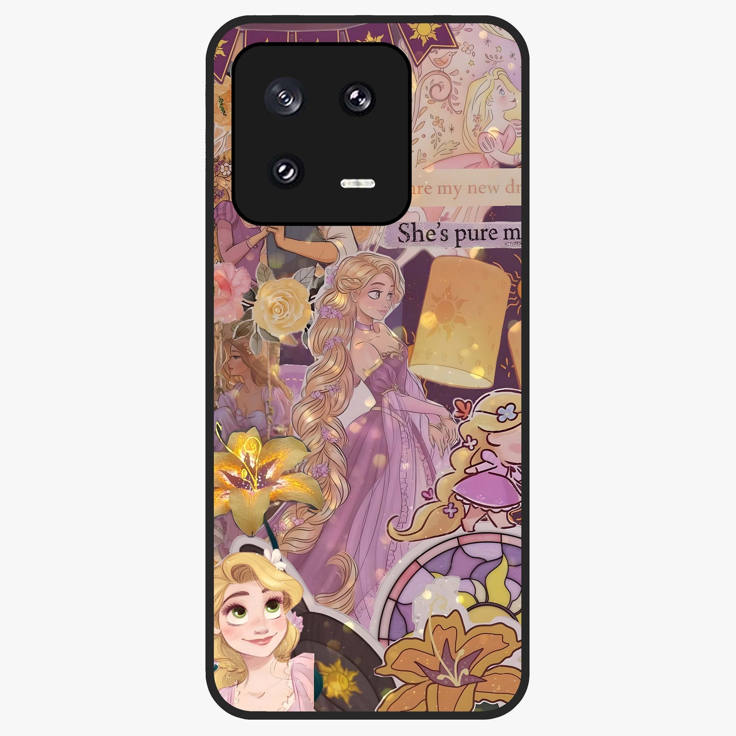 Magical Tangled Dream Glass Case showing flat back view with dreamy tangled artwork and glossy glass finish.