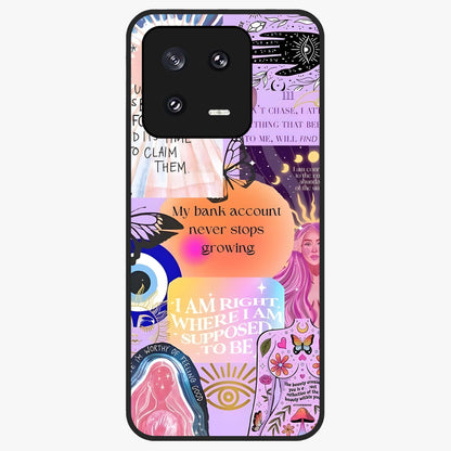 Manifestation Collage Glass Case showing flat back view with motivational collage artwork and glossy glass finish.