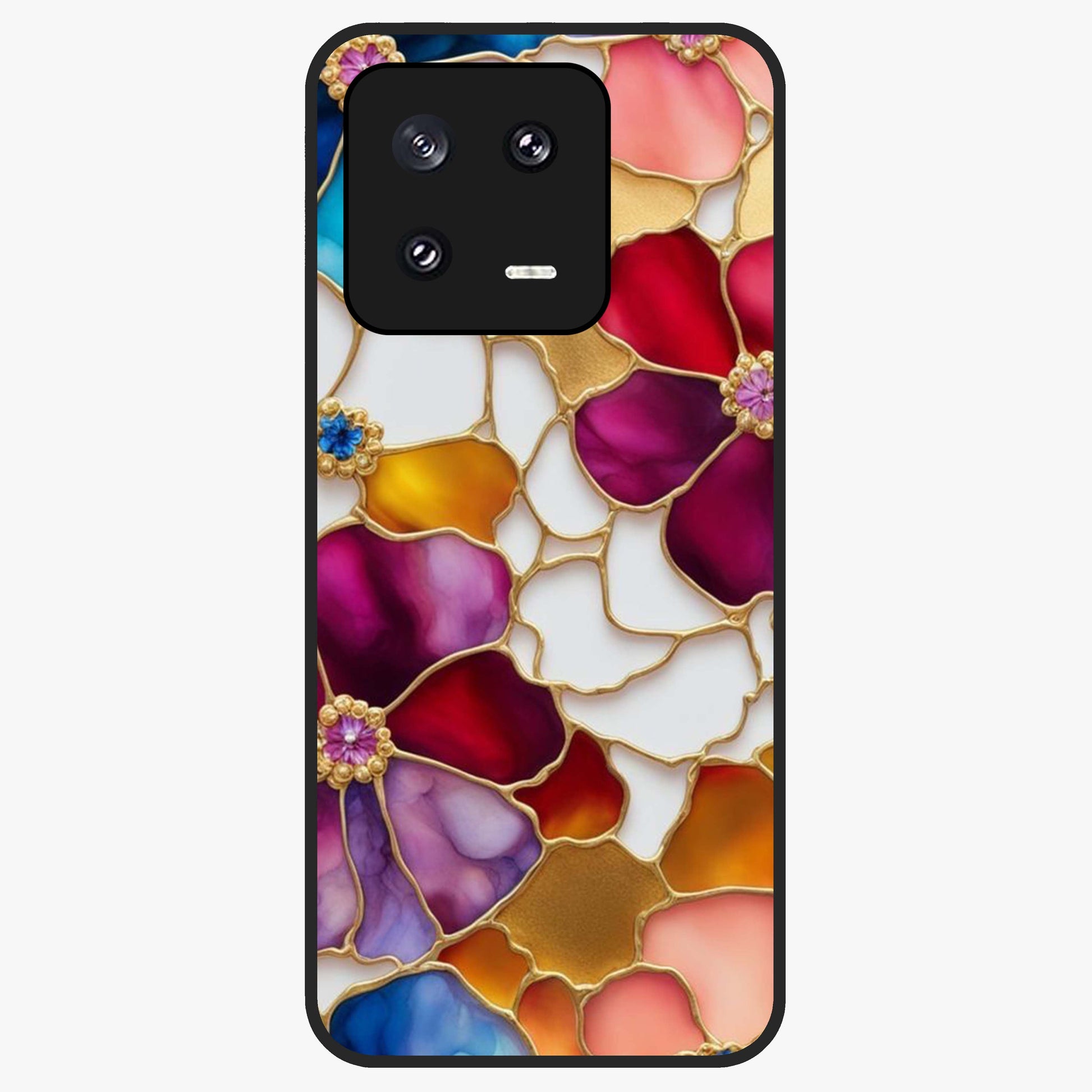 Marble Flower Pattern Glass Case showing flat back view with marble texture floral artwork and glossy glass finish.