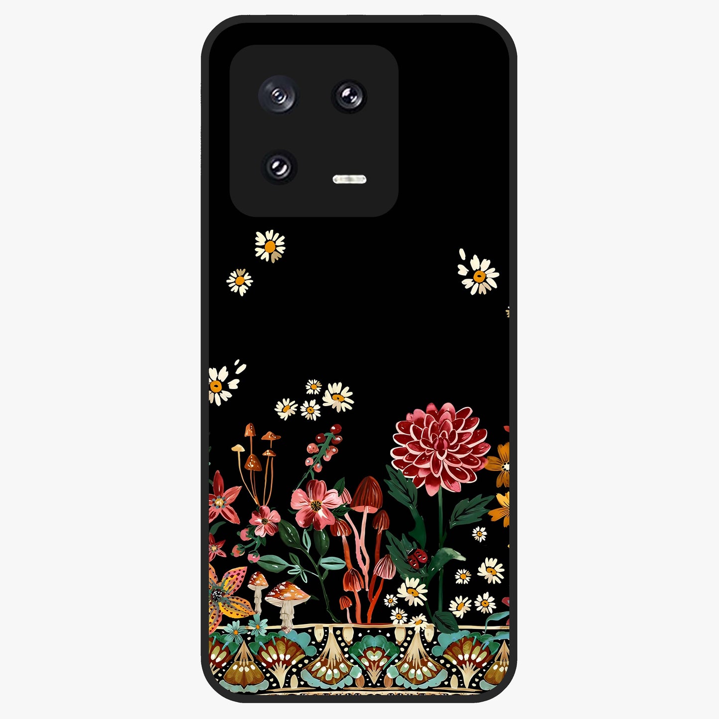 Midnight Bloom Pattern Glass Case showing flat back view with dark floral pattern artwork and glossy glass finish.