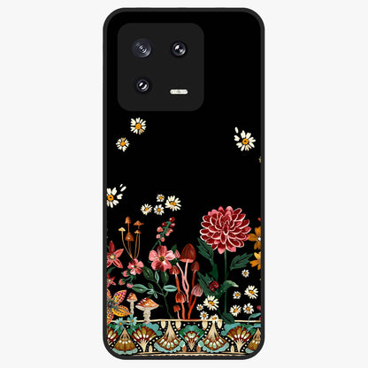 Midnight Bloom Pattern Glass Case showing flat back view with dark floral pattern artwork and glossy glass finish.