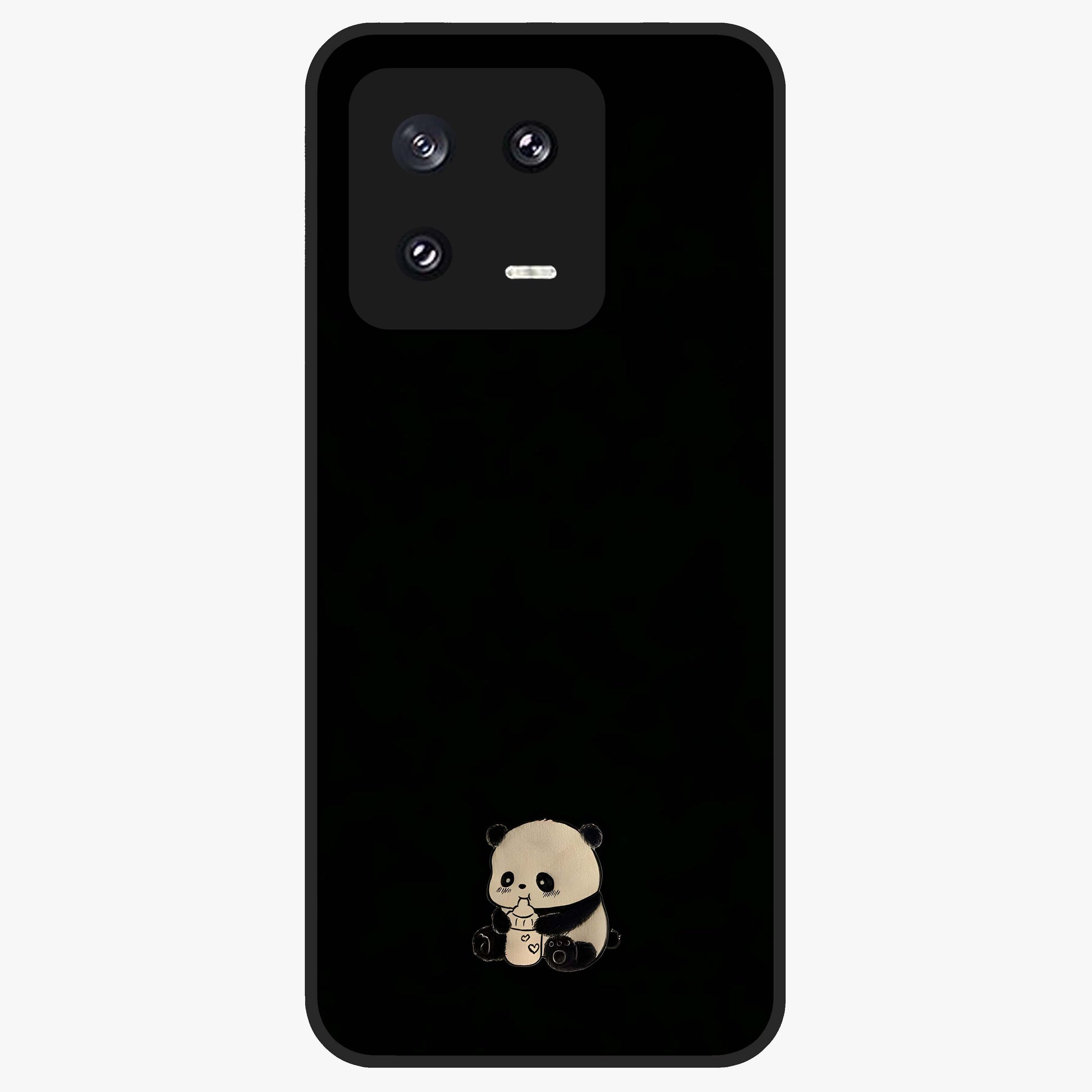 Midnight Panda Love Glass Case showing flat back view with cute panda themed artwork and glossy glass finish.