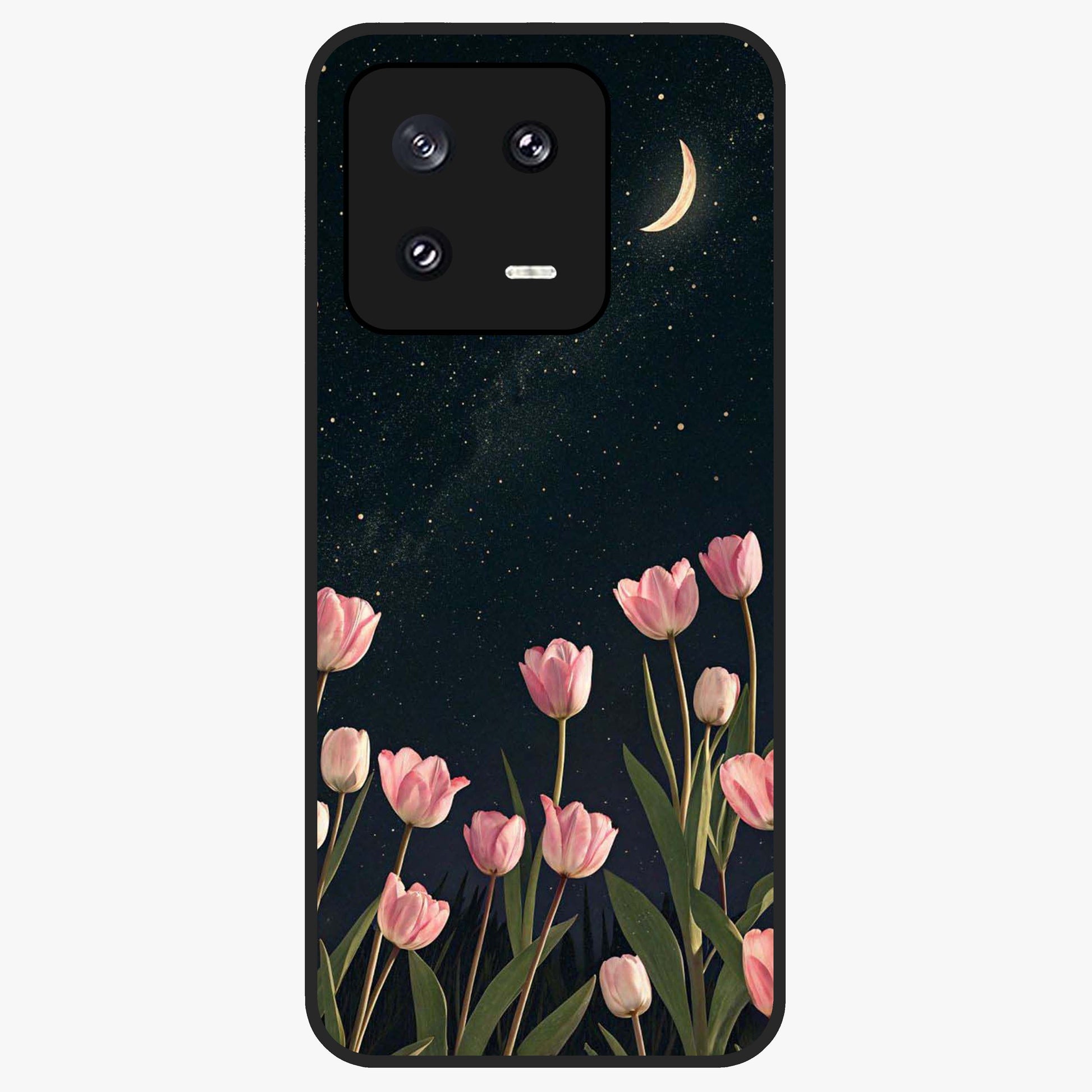 Midnight Tulip Whispers Vibe Glass Case showing flat back view with elegant tulip flower artwork and glossy glass finish.