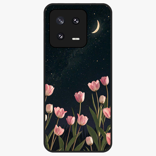 Midnight Tulip Whispers Vibe Glass Case showing flat back view with elegant tulip flower artwork and glossy glass finish.