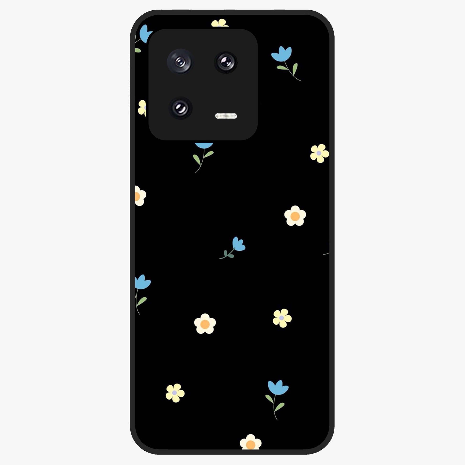 Minimalistic Blue With White Flower Pattern Glass Case showing flat back view with blue background and white flower pattern and glossy glass finish.