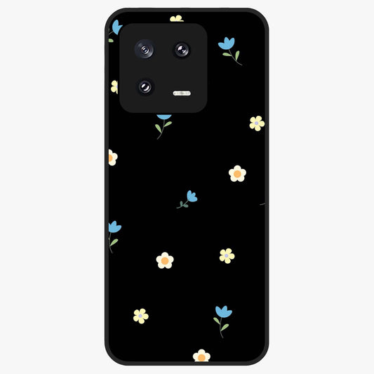 Minimalistic Blue With White Flower Pattern Glass Case showing flat back view with blue background and white flower pattern and glossy glass finish.