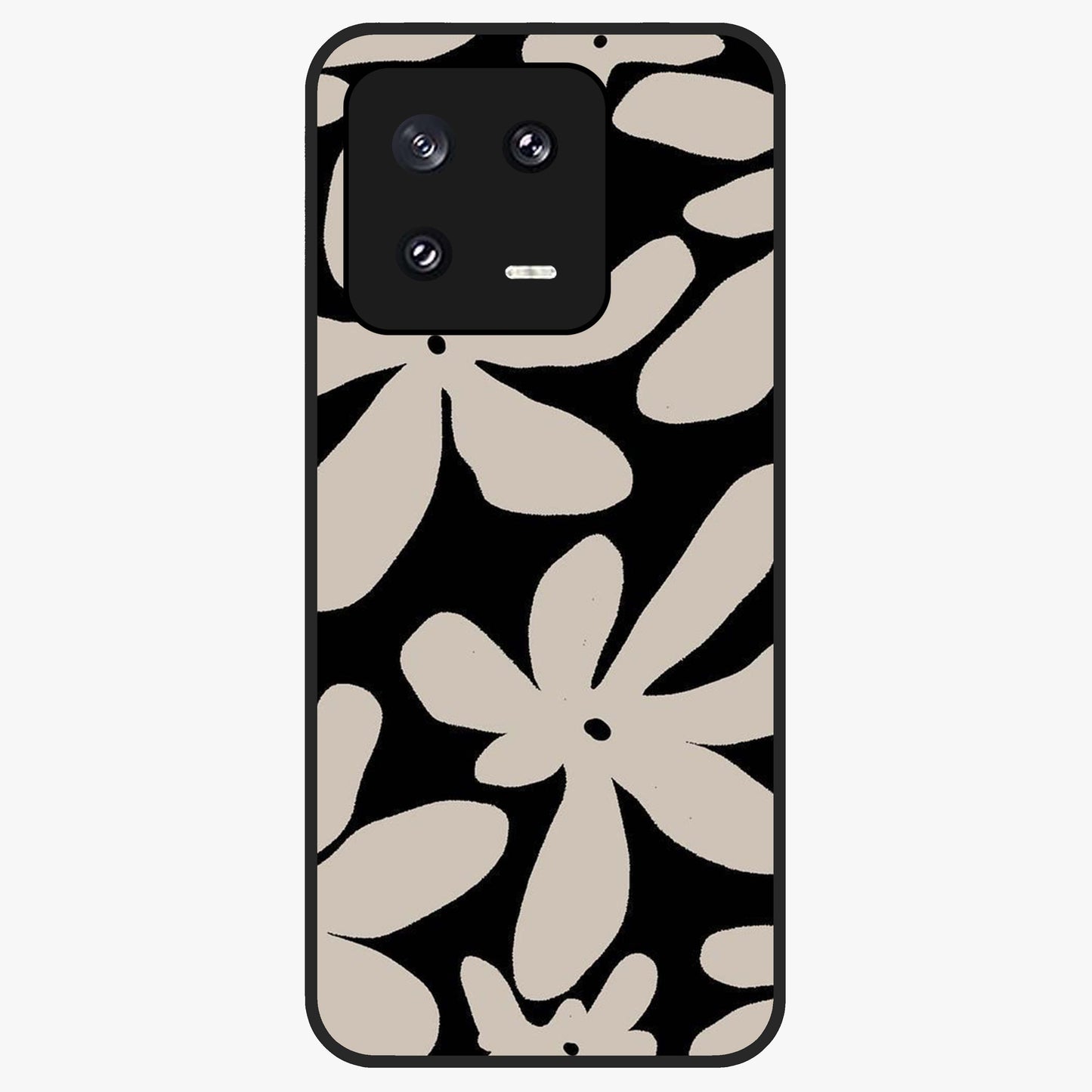 Monochrome Petal Dance Glass Case showing flat back view with monochrome floral artwork and glossy glass finish.