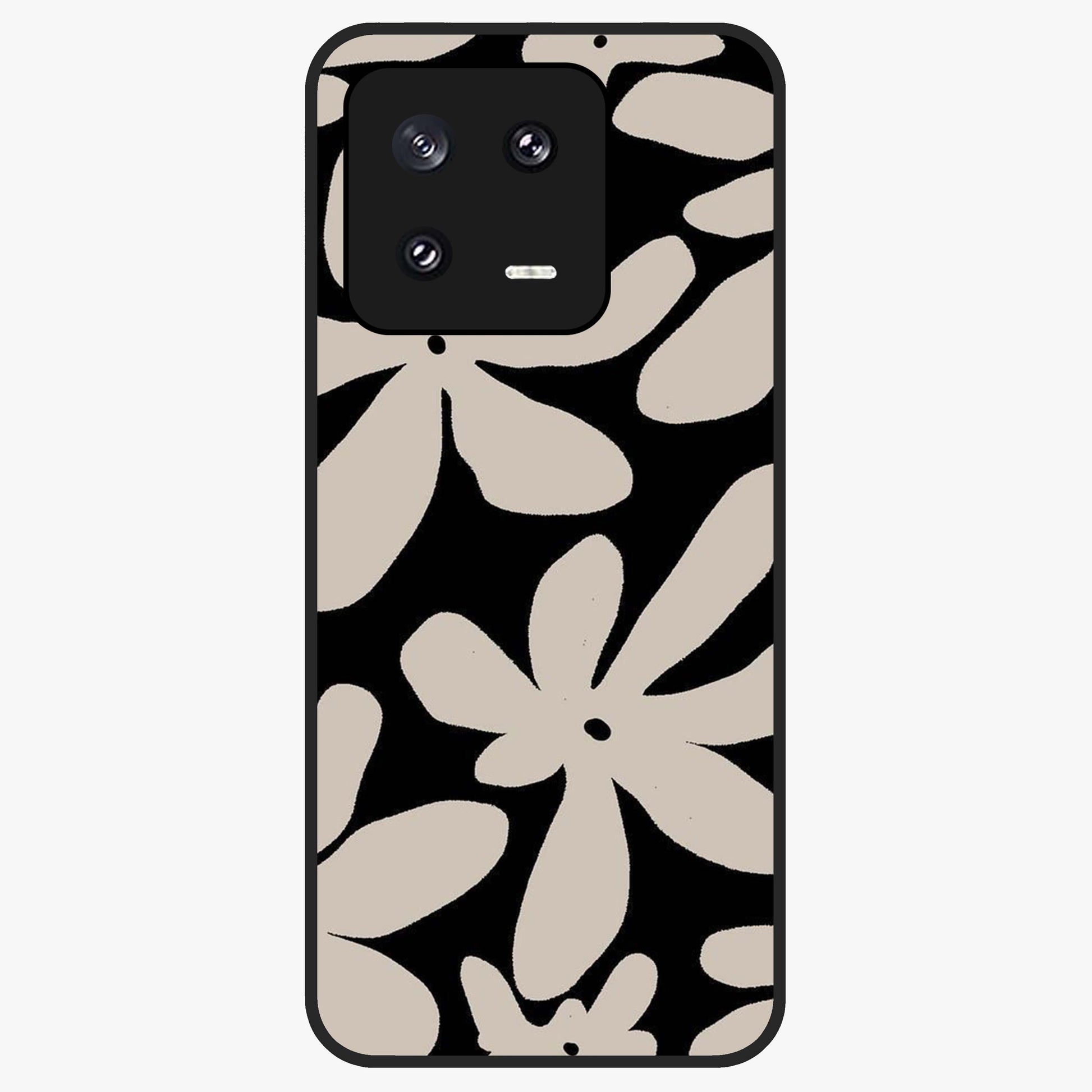 Monochrome Petal Dance Glass Case showing flat back view with monochrome floral artwork and glossy glass finish.
