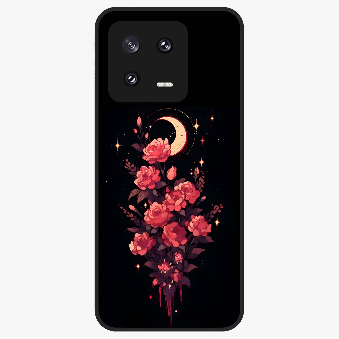 Moonlit Floral Elegance Glass Case showing flat back view with elegant floral artwork under moonlit tones and glossy glass finish.