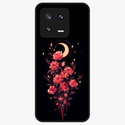 Moonlit Floral Elegance Glass Case showing flat back view with elegant floral artwork under moonlit tones and glossy glass finish.