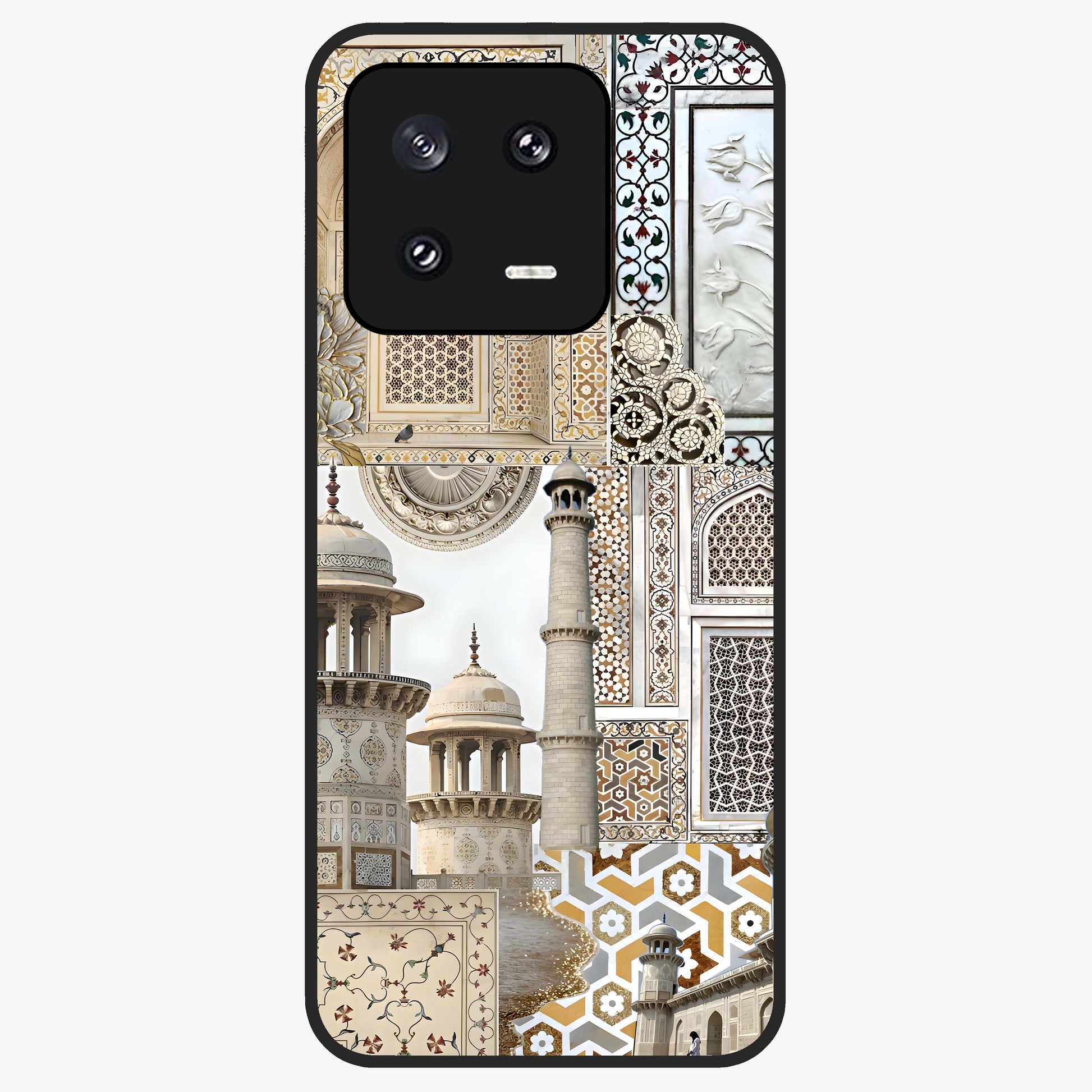 Mughal Marble Legacy Glass Case showing flat back view with intricate Mughal inspired marble pattern and glossy glass finish.
