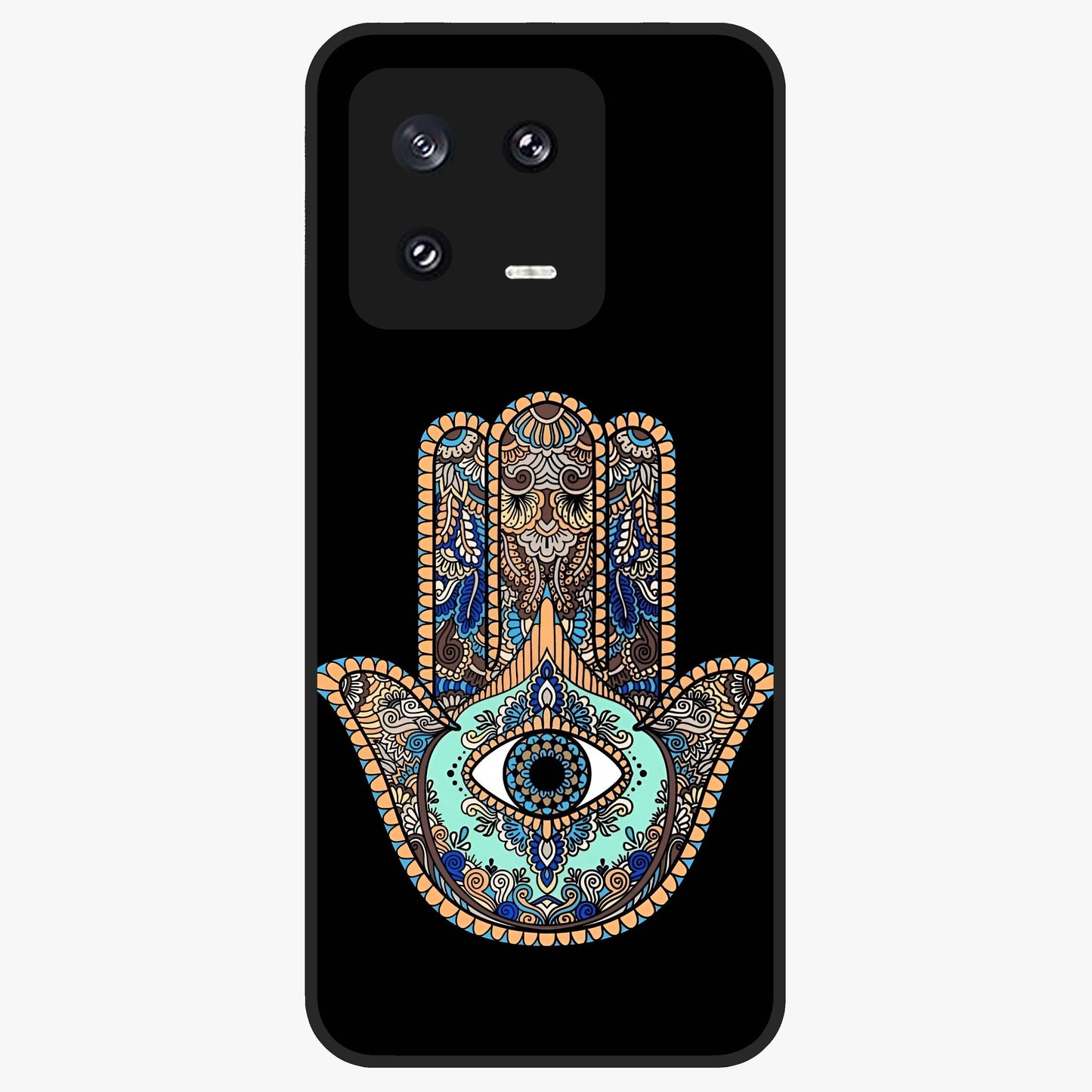 Mystic Hamsa Eye Glass Case showing flat back view with protective hamsa hand and evil eye artwork and glossy glass finish.