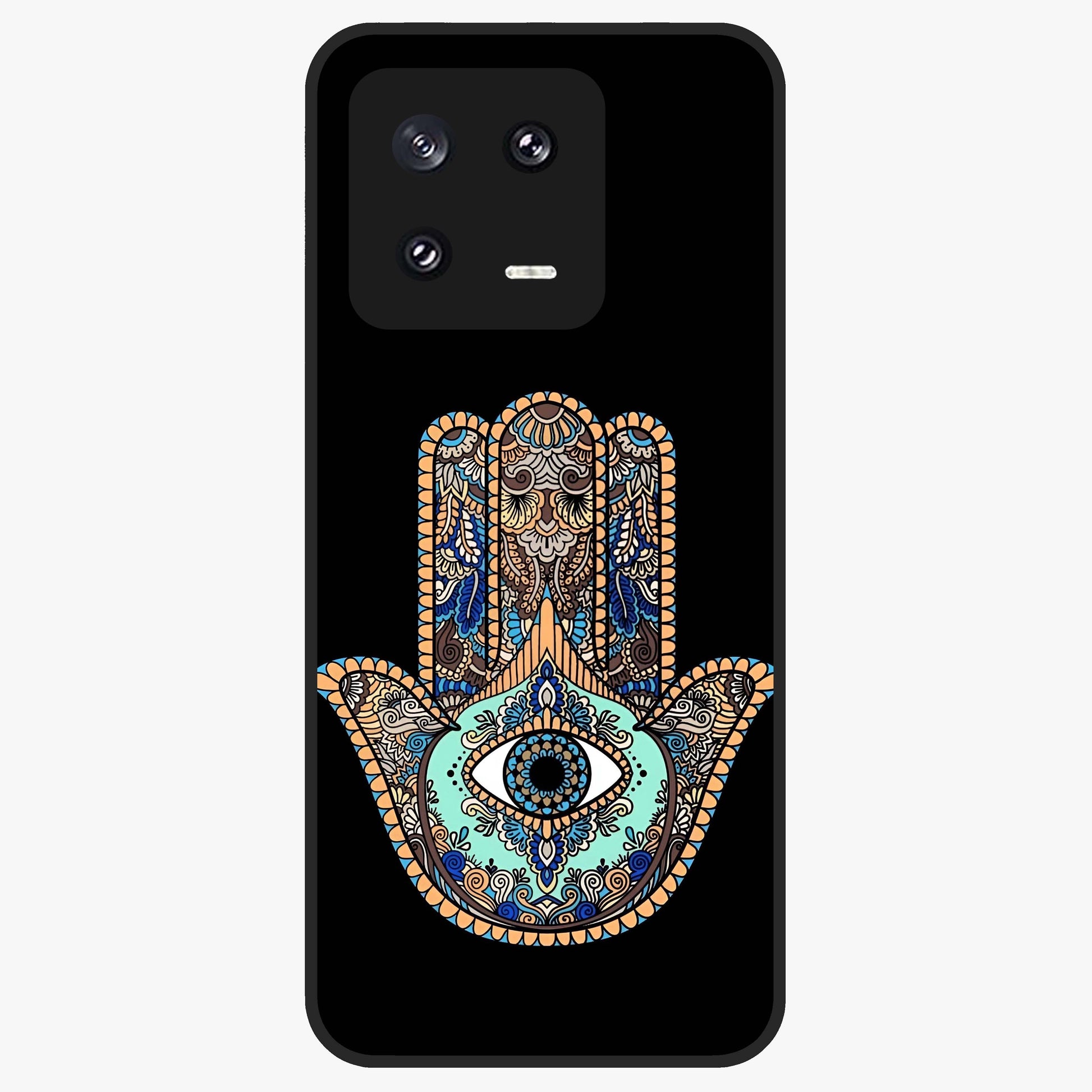 Mystic Hamsa Eye Glass Case showing flat back view with protective hamsa hand and evil eye artwork and glossy glass finish.
