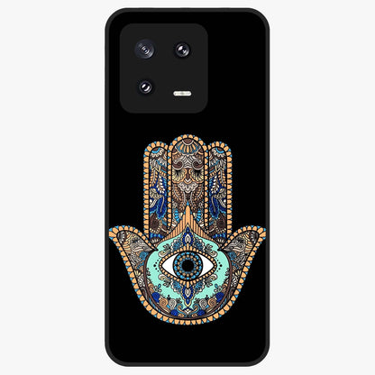 Mystic Hamsa Eye Glass Case showing flat back view with protective hamsa hand and evil eye artwork and glossy glass finish.