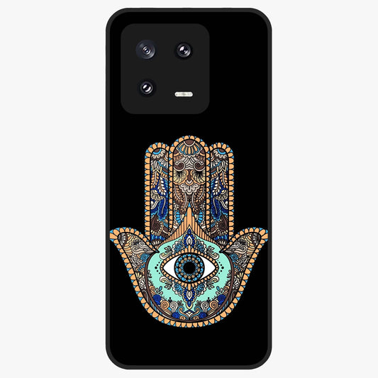Mystic Hamsa Eye Glass Case showing flat back view with protective hamsa hand and evil eye artwork and glossy glass finish.