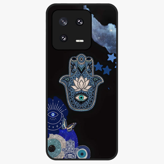 Mystic Hand Aura Glass Case showing flat back view with mystical hand symbol artwork and glossy glass finish.