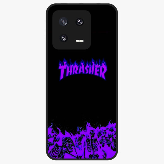 Neon Flame Riot Glass Case showing flat back view with neon flame artwork and glossy glass finish.