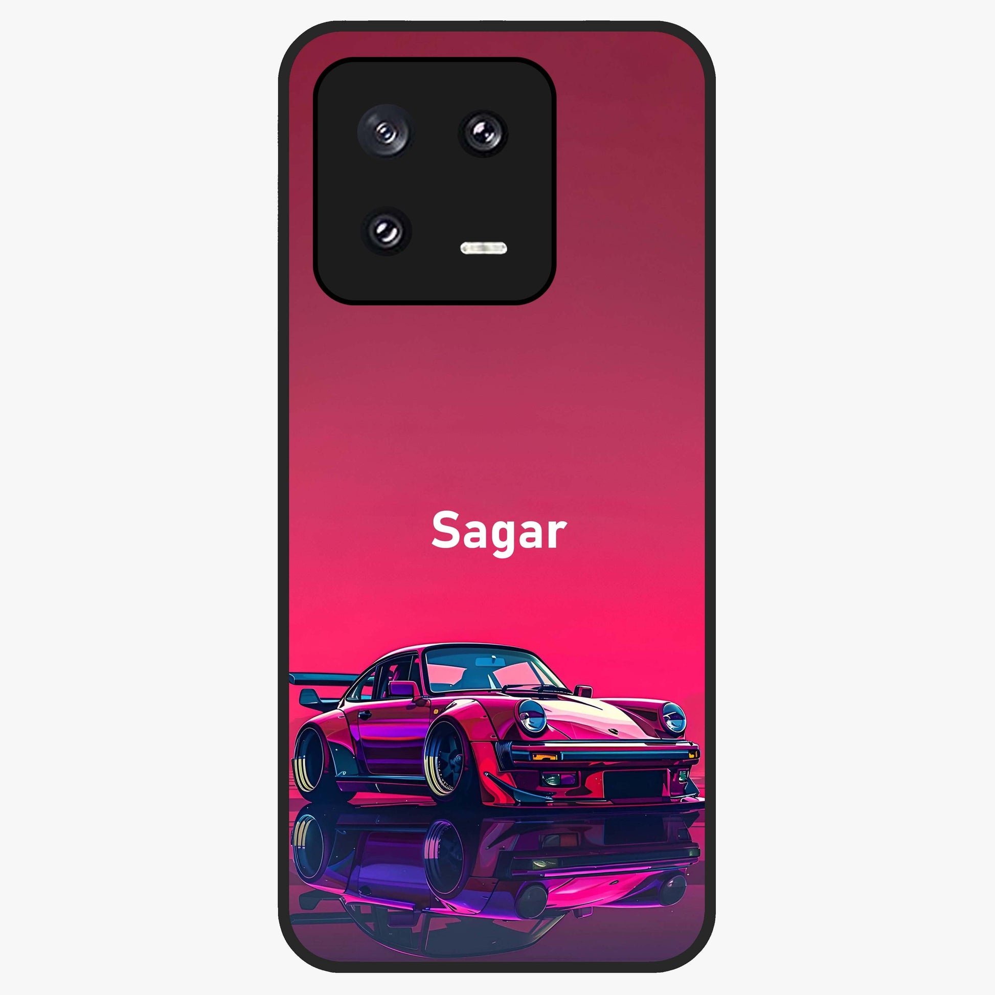 Neon Pink Porsche Glass Case showing flat back view with stylish sports car artwork and glossy glass finish.