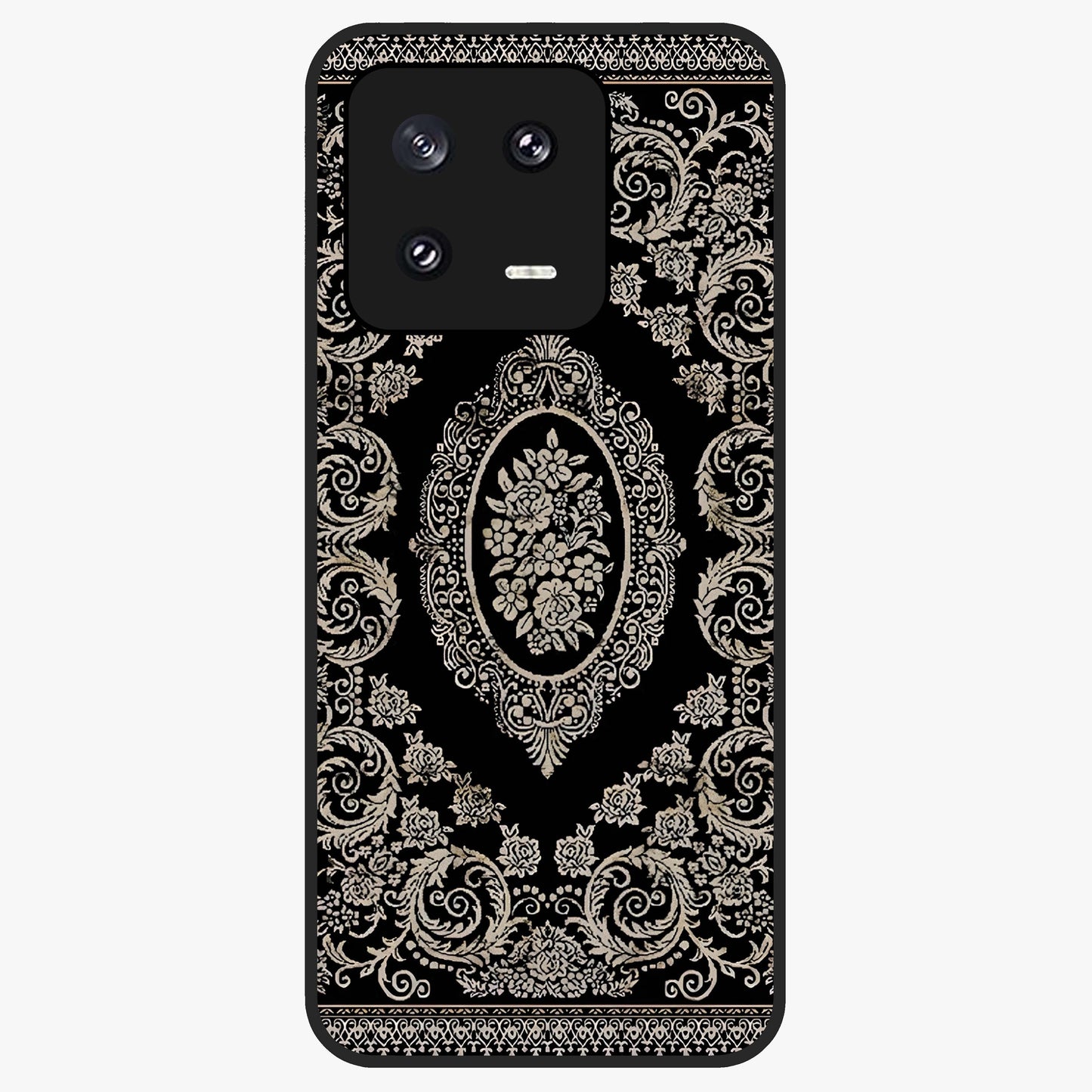 Noir Bloom Elegance Glass Case showing flat back view with elegant dark floral artwork and glossy glass finish.
