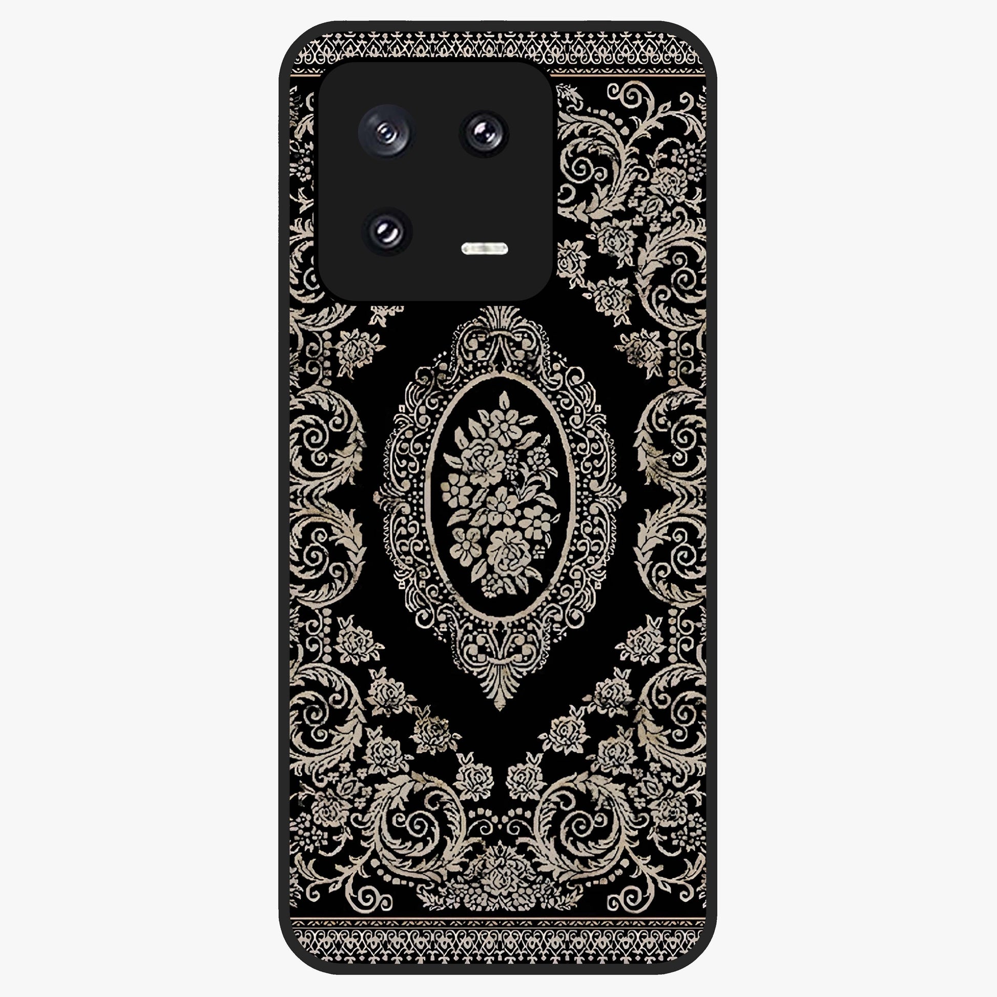 Noir Bloom Elegance Glass Case showing flat back view with elegant dark floral artwork and glossy glass finish.