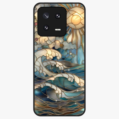 Oceanic Stained Printed Glass Case showing flat back view with ocean inspired stained pattern artwork and glossy glass finish.