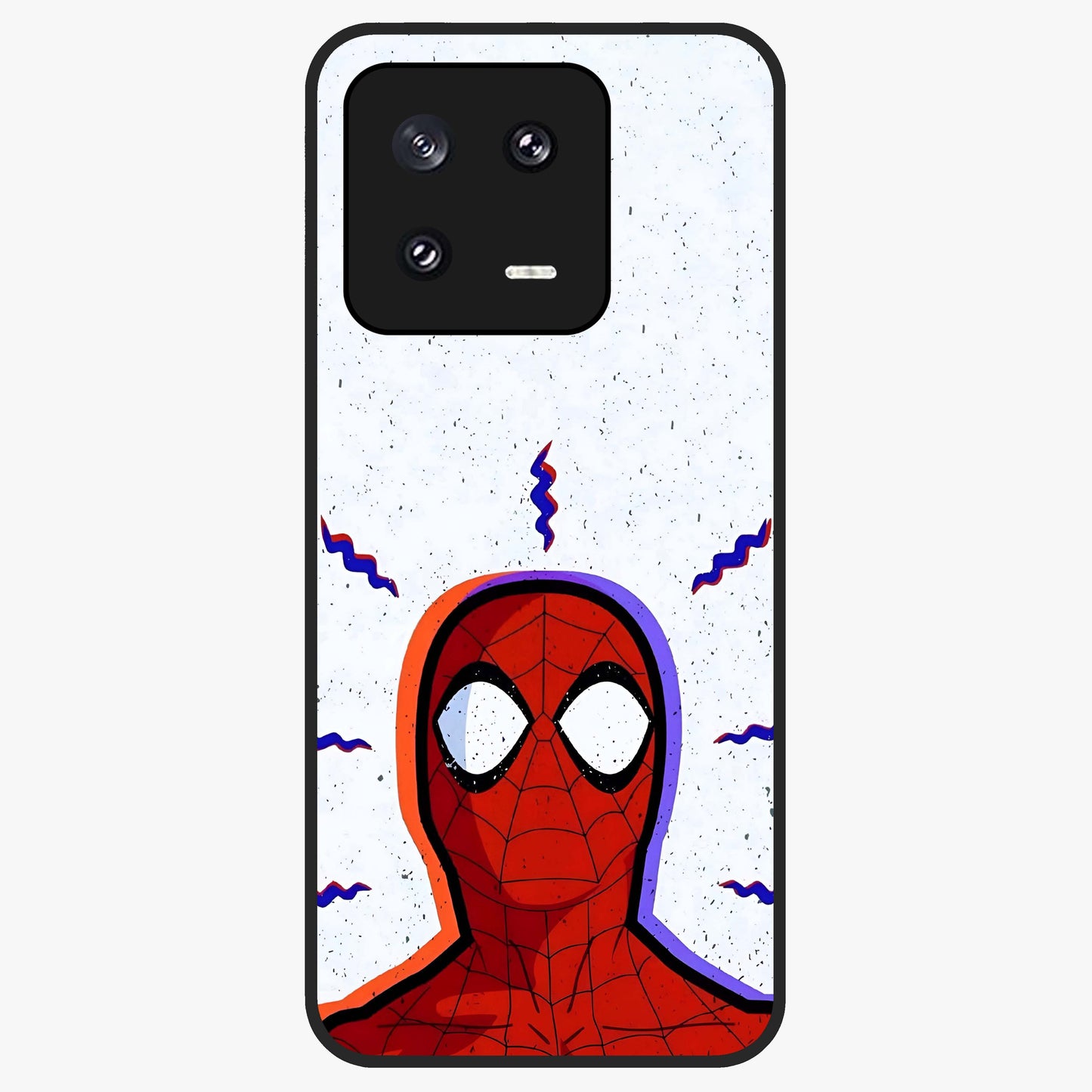 Omg Spiderman Glass Case showing flat back view with bold superhero inspired artwork and glossy glass finish.
