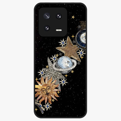 Pearls Universe Object Glass Case showing flat back view with pearl inspired cosmic artwork and glossy glass finish.