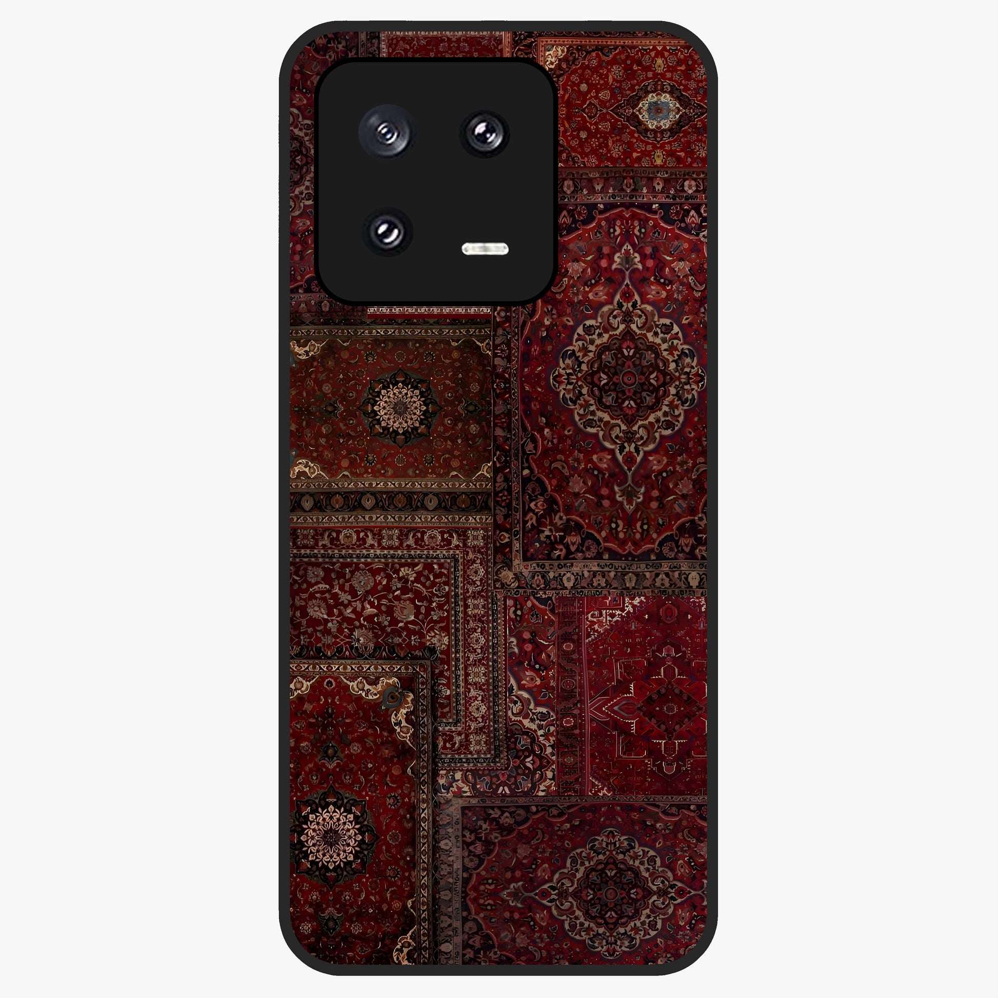 Persian Velvet Tale Glass Case showing flat back view with luxurious Persian velvet pattern artwork and glossy glass finish.