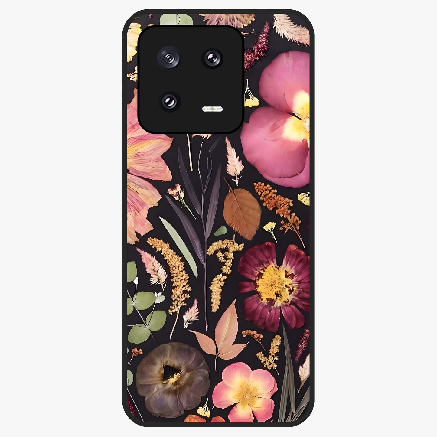 Petal Dream Tapestry Glass Case showing flat back view with intricate floral tapestry artwork and glossy glass finish.