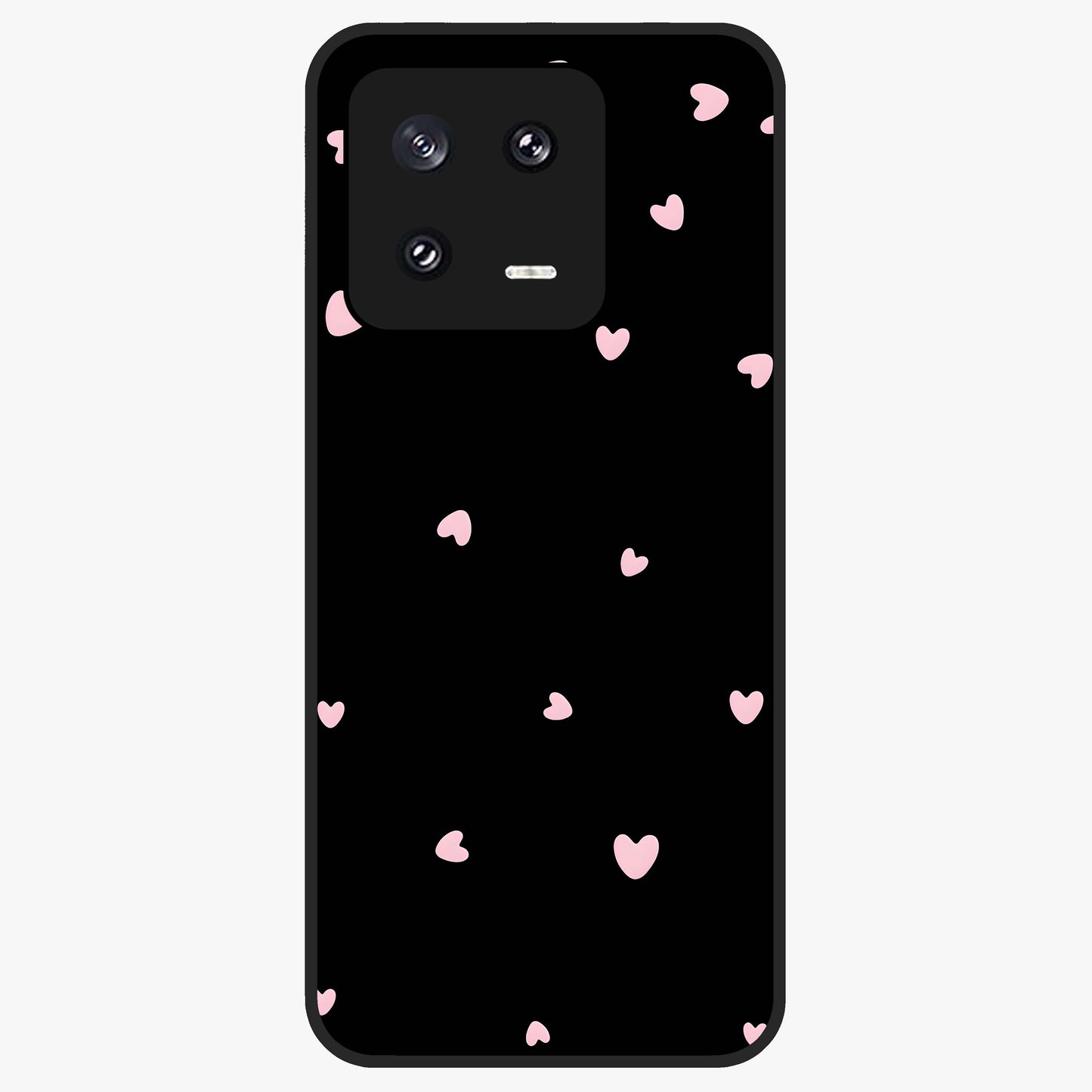 Pink Love Drops Glass Case showing flat back view with playful pink heart drops artwork and glossy glass finish.