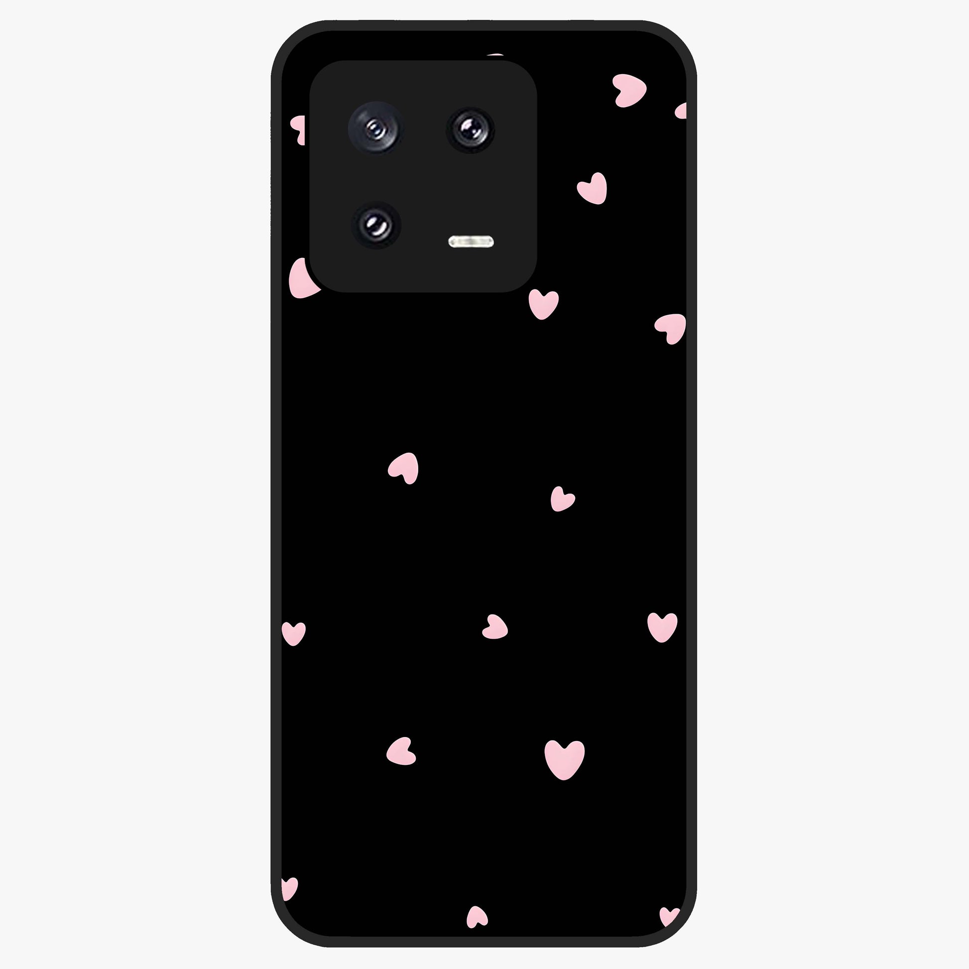 Pink Love Drops Glass Case showing flat back view with playful pink heart drops artwork and glossy glass finish.